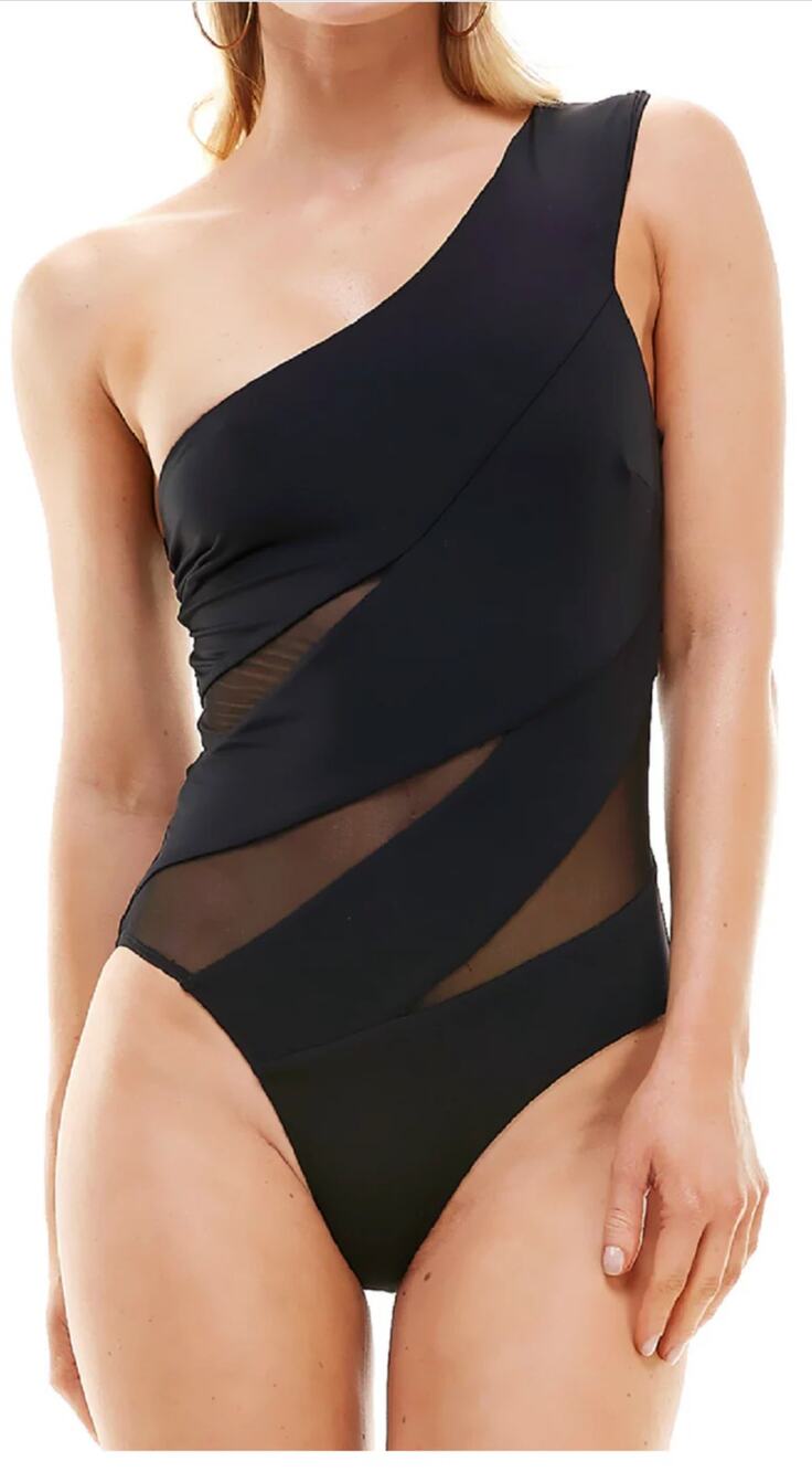 Shein Black One Shoulder Mesh Cut Out Swimsuit Large